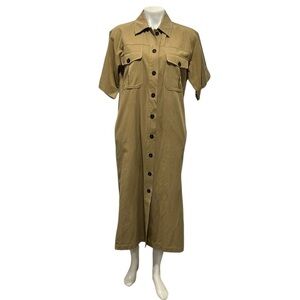 Massimo Dutti  beige khaki short sleeve button down midi dress size small